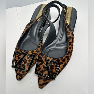 Franco Sarto Racer Pointed Toe Block Heel Slingback Pumps Leopard Calf Hair 9.5